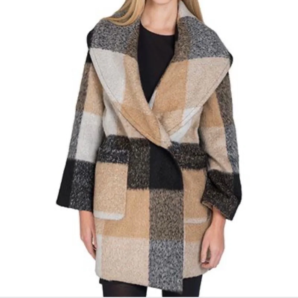 BADGLEY MISCHKA 'Maxine' Plaid Longline Wool Coat, tan/black/white